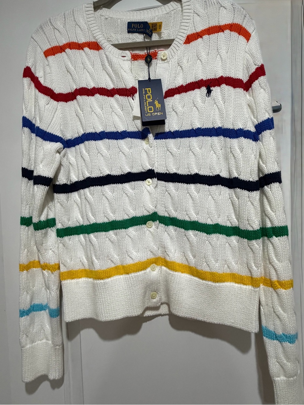 US Open, Polo by Ralph Lauren White Cable-Knit Cardigan with Multicolor Stripes